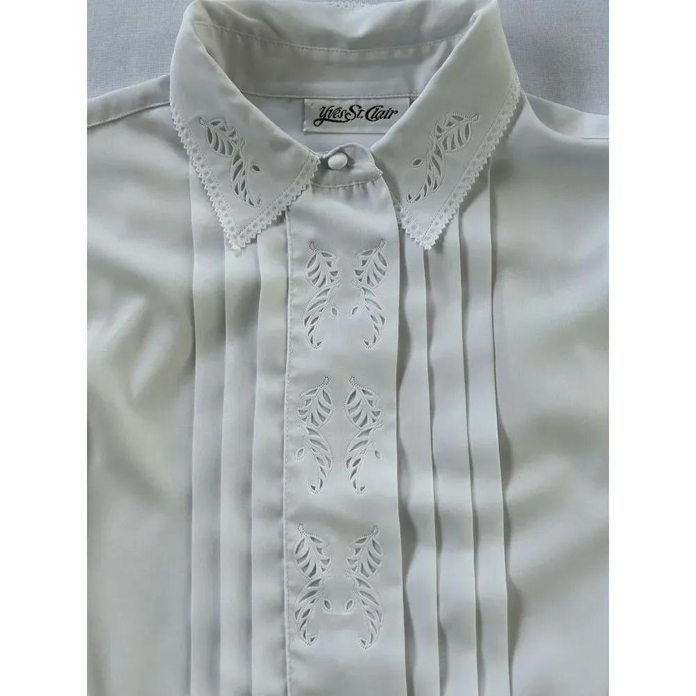 Yves St. Clair Pleated White Long Sleeve Collared Blouse, Size 14, Button Down - Picture 9 of 10
